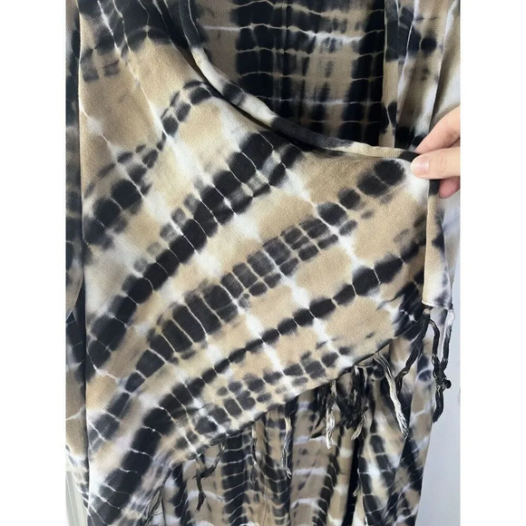 Soft Surroundings Tan Black Tie Die Fringe Drape Cardigan Jacket Size XS TALL - Picture 4 of 6